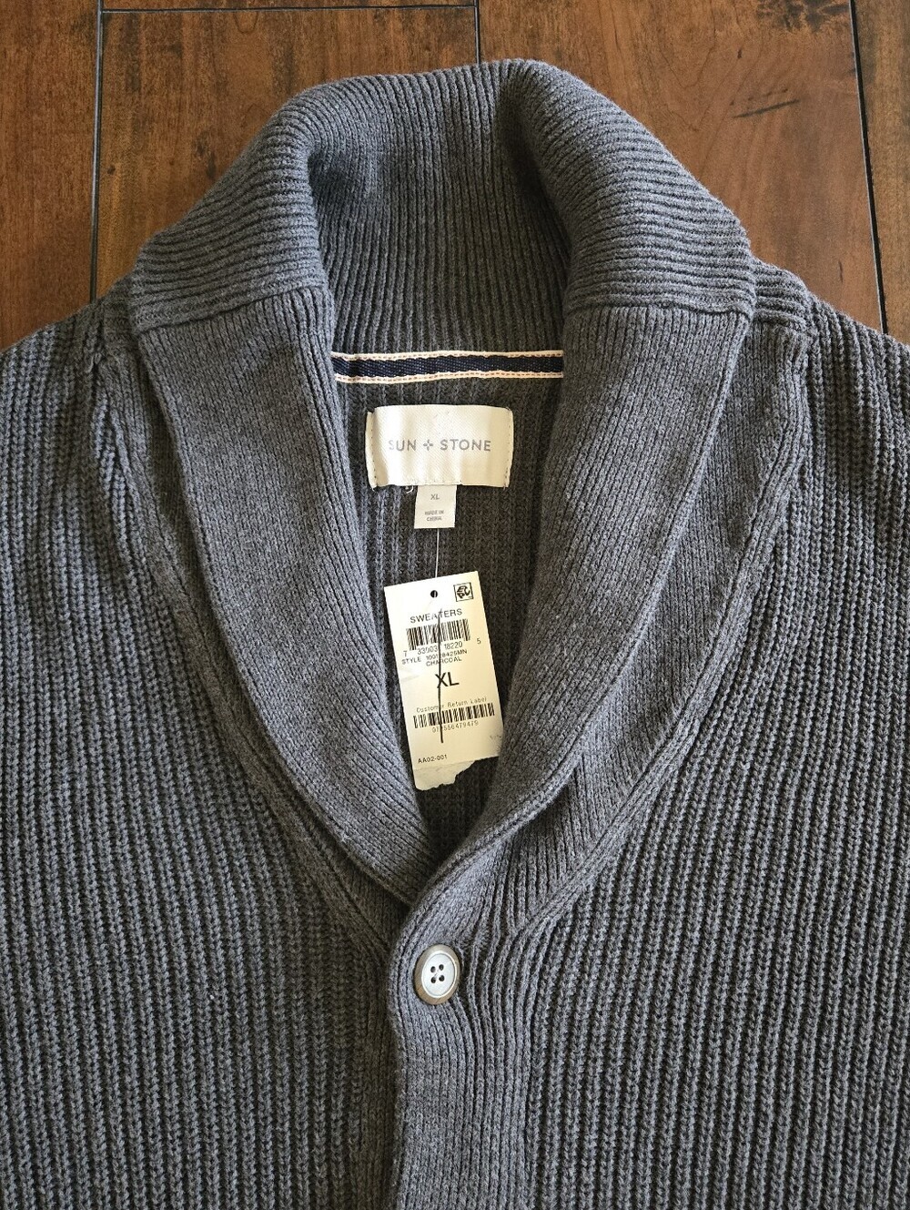 Sun + Stone Men's Shawl Collar Cardigan Sweater Dark Gray 100% Cotton Size XL - Picture 6 of 8